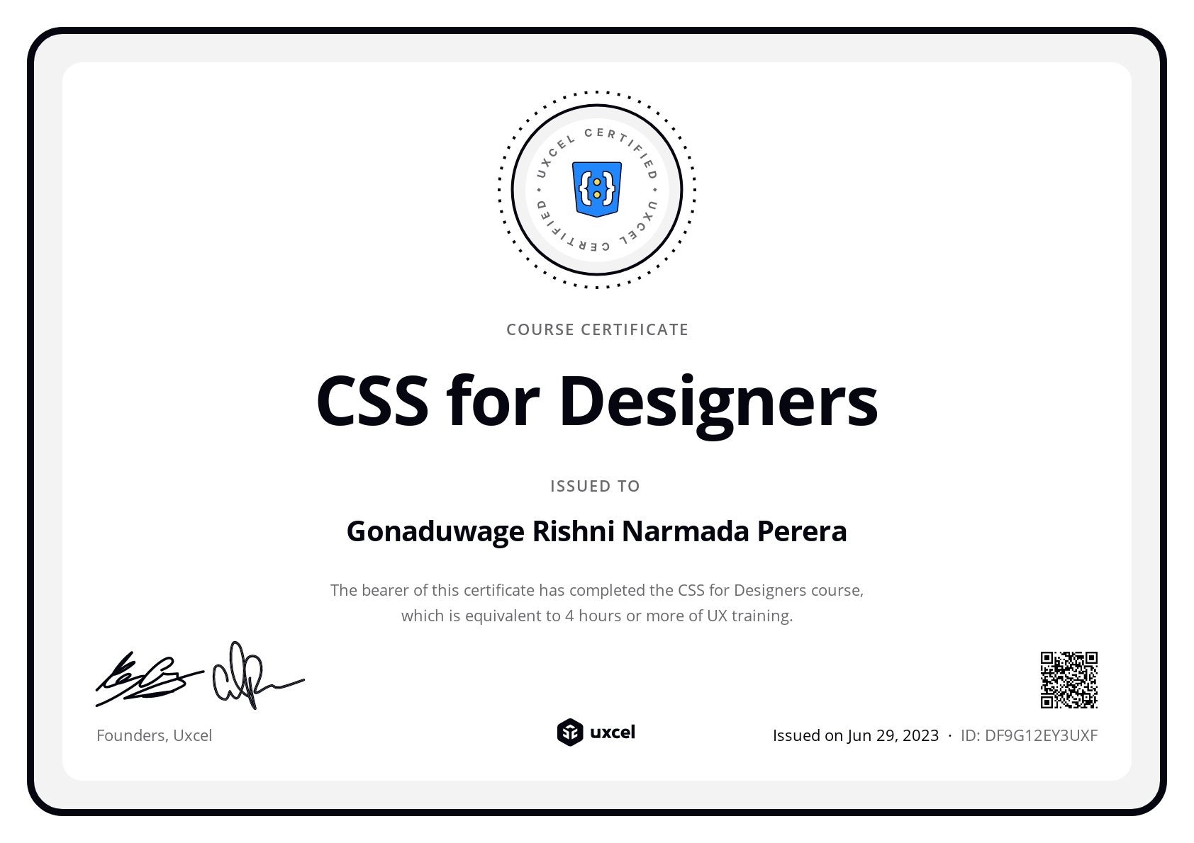 Gonaduwage Rishni Narmada Perera's certificate